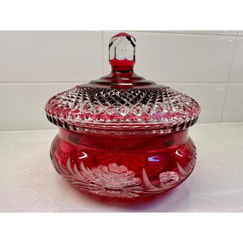 Vintage 1950s Bohemian Red Crystal Hand Cut to Clear Large Lidded Candy Bowl